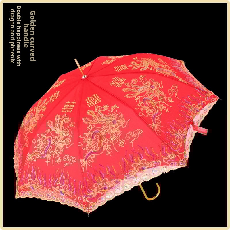 Ομπρέλα γάμου με δαντελωτή κέντηση, ρετρό κινεζικού στυλ, μακρύ κοντάρι; 8 ακτίνες από ίνες, αυτόματο άνοιγμα, ύφασμα 190T