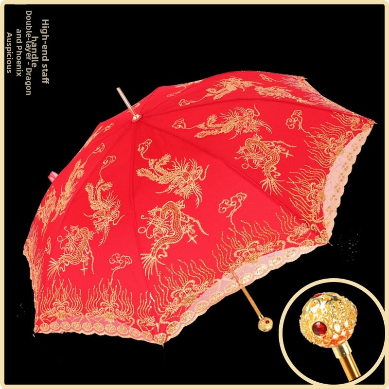 Ομπρέλα γάμου με δαντελωτή κέντηση, ρετρό κινεζικού στυλ, μακρύ κοντάρι; 8 ακτίνες από ίνες, αυτόματο άνοιγμα, ύφασμα 190T