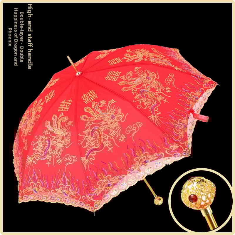Ομπρέλα γάμου με δαντελωτή κέντηση, ρετρό κινεζικού στυλ, μακρύ κοντάρι; 8 ακτίνες από ίνες, αυτόματο άνοιγμα, ύφασμα 190T