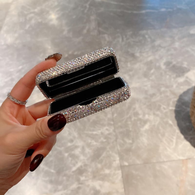 Θήκη κραγιόν από ανοξείδωτο ατσάλι με διαμαντένιες λεπτομέρειες, μίνι φορητή θήκη κραγιόν με ενσωματωμένο καθρέφτη, χωράει 1 κραγιόν, στιλ Λάιτ Λούξ, με καπάκι, βάρος 88 g