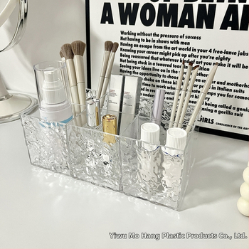 Műanyag átlátszó tároló doboz vízhullámos textúrával, sminkecsetek, rúzs, szemöldökceruza, marker és irodaszerek tárolására - könnyed luxus stílusú szervező