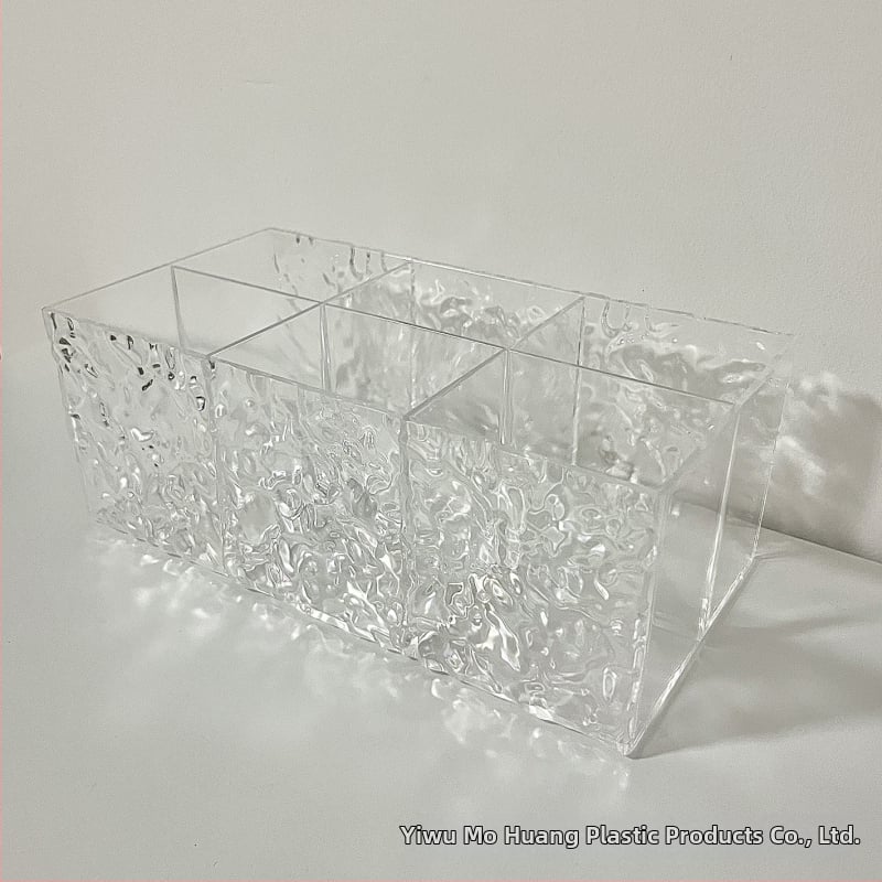 Műanyag átlátszó tároló doboz vízhullámos textúrával, sminkecsetek, rúzs, szemöldökceruza, marker és irodaszerek tárolására - könnyed luxus stílusú szervező