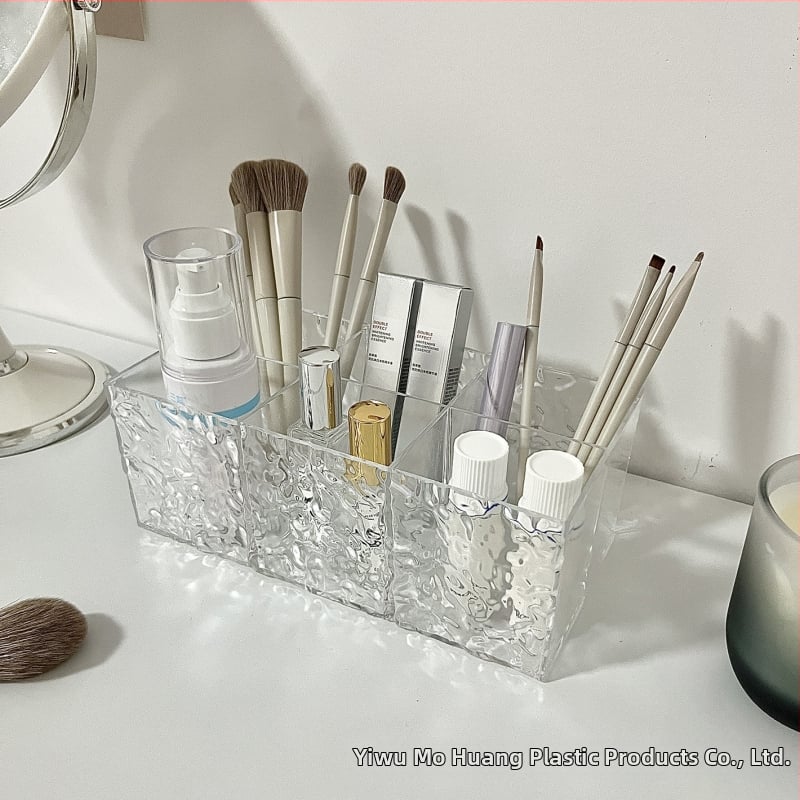 Műanyag átlátszó tároló doboz vízhullámos textúrával, sminkecsetek, rúzs, szemöldökceruza, marker és irodaszerek tárolására - könnyed luxus stílusú szervező