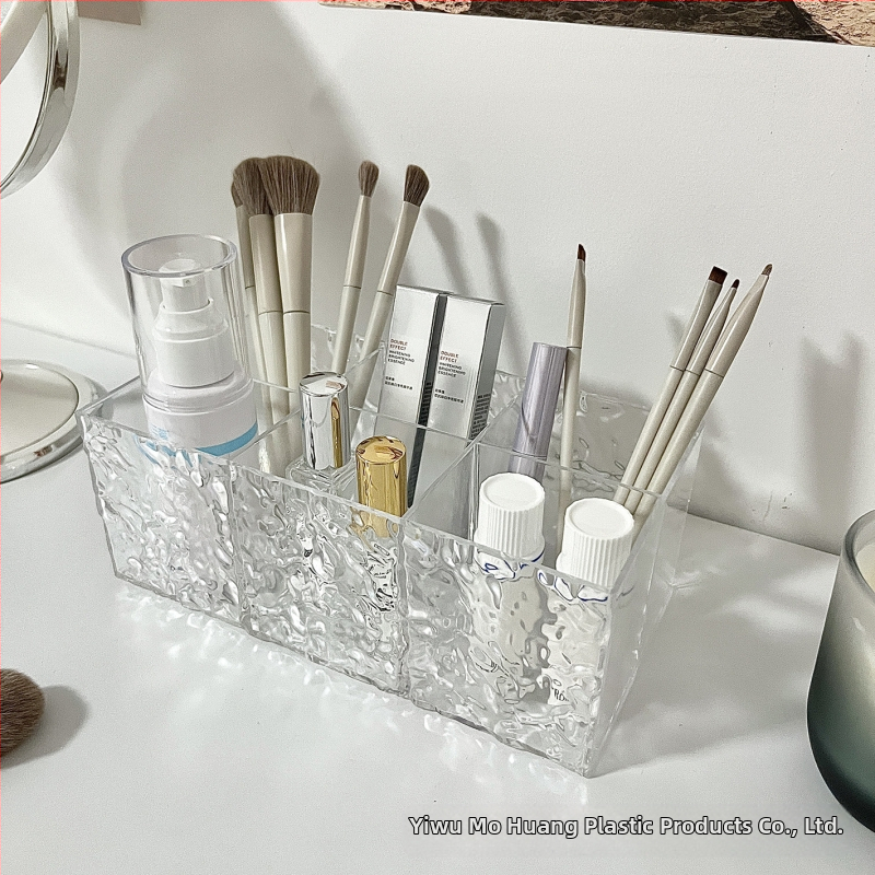 Műanyag átlátszó tároló doboz vízhullámos textúrával, sminkecsetek, rúzs, szemöldökceruza, marker és irodaszerek tárolására - könnyed luxus stílusú szervező