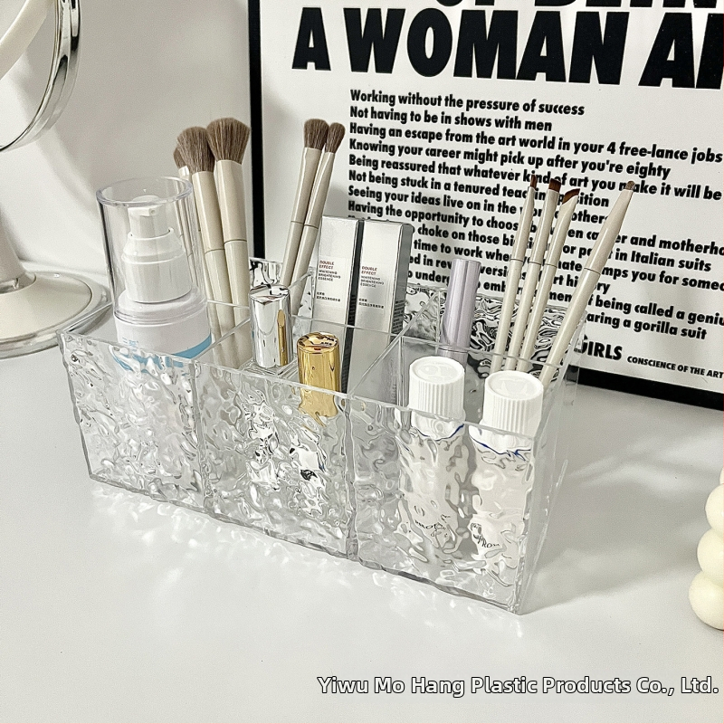 Műanyag átlátszó tároló doboz vízhullámos textúrával, sminkecsetek, rúzs, szemöldökceruza, marker és irodaszerek tárolására - könnyed luxus stílusú szervező