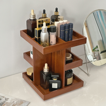 360°-ban forgó fából készült kozmetikai tároló réteges rekeszekkel és rúzstartóval az asztali sminkasztalhoz