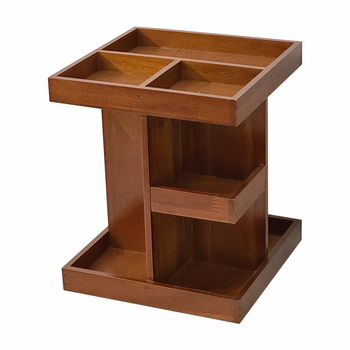 360°-ban forgó fából készült kozmetikai tároló réteges rekeszekkel és rúzstartóval az asztali sminkasztalhoz