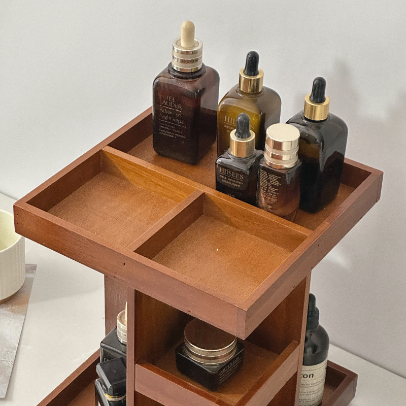 360°-ban forgó fából készült kozmetikai tároló réteges rekeszekkel és rúzstartóval az asztali sminkasztalhoz