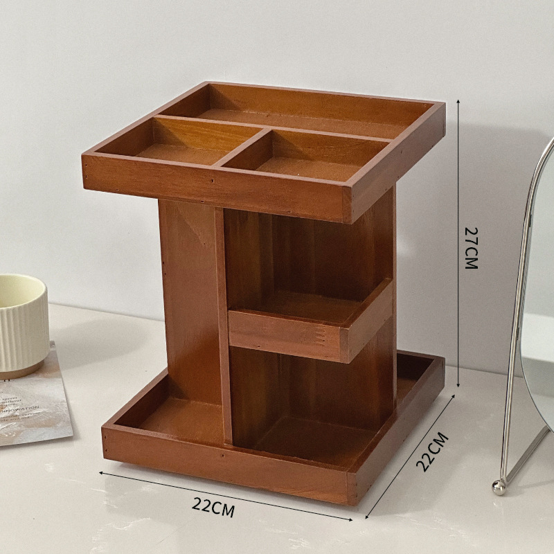 360°-ban forgó fából készült kozmetikai tároló réteges rekeszekkel és rúzstartóval az asztali sminkasztalhoz