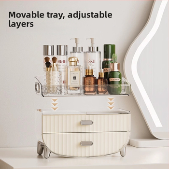 Kozmetikai tároló doboz asztali használatra, átlátszó porvédett rekesz a bőrápoláshoz és rúzsokhoz — márka Japanese Honey; műanyag; bevezetés 2023; stílus: könnyed luxus