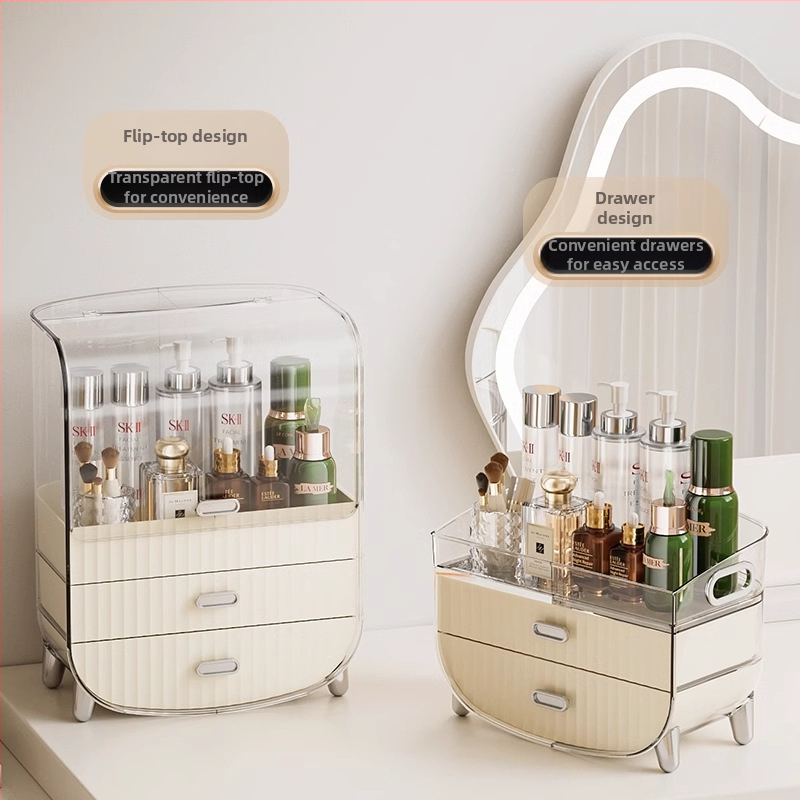 Kozmetikai tároló doboz asztali használatra, átlátszó porvédett rekesz a bőrápoláshoz és rúzsokhoz — márka Japanese Honey; műanyag; bevezetés 2023; stílus: könnyed luxus