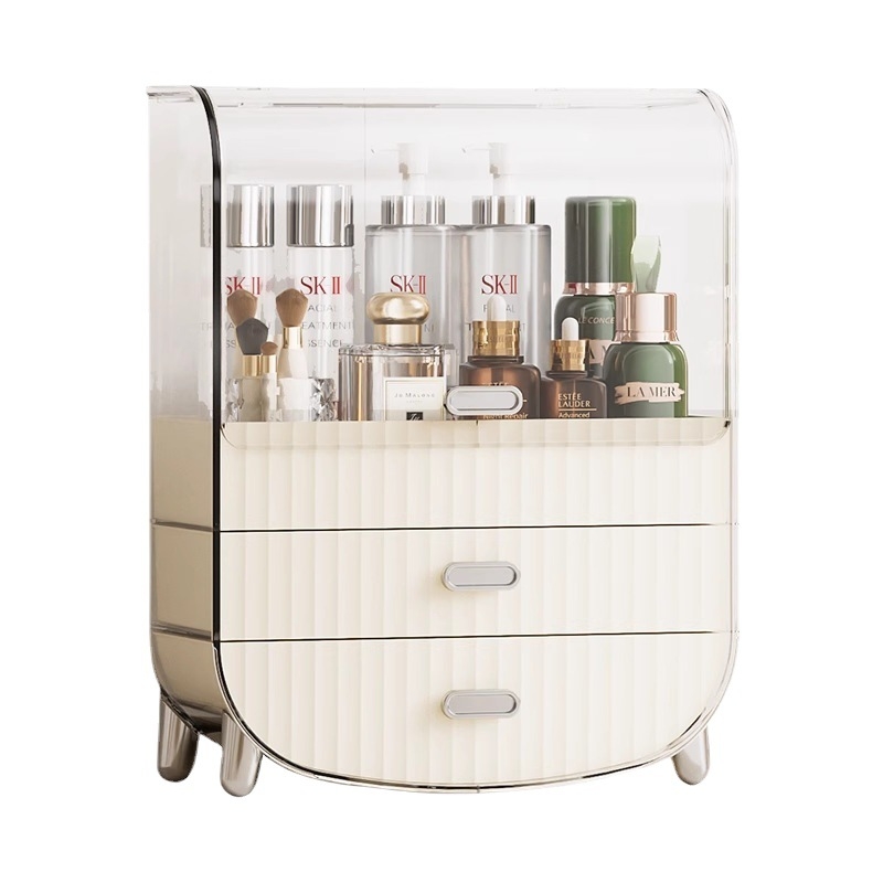 Kozmetikai tároló doboz asztali használatra, átlátszó porvédett rekesz a bőrápoláshoz és rúzsokhoz — márka Japanese Honey; műanyag; bevezetés 2023; stílus: könnyed luxus