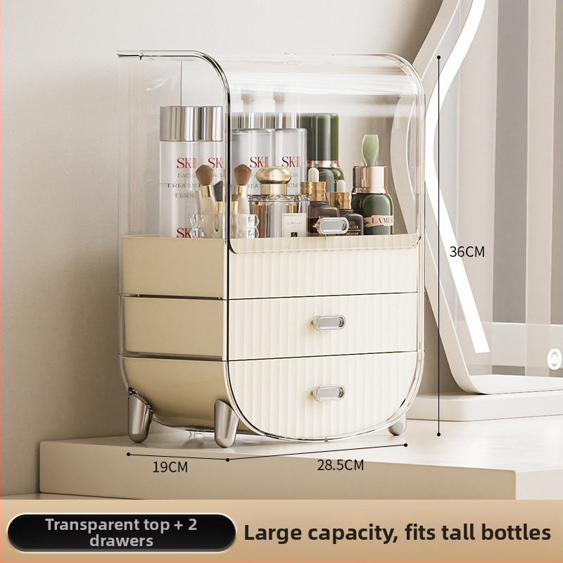 Kozmetikai tároló doboz asztali használatra, átlátszó porvédett rekesz a bőrápoláshoz és rúzsokhoz — márka Japanese Honey; műanyag; bevezetés 2023; stílus: könnyed luxus