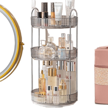 Asztali kozmetikai tároló doboz forgó tartóval rúzs és bőrápolás számára, PET anyag, modern minimalist dizájn