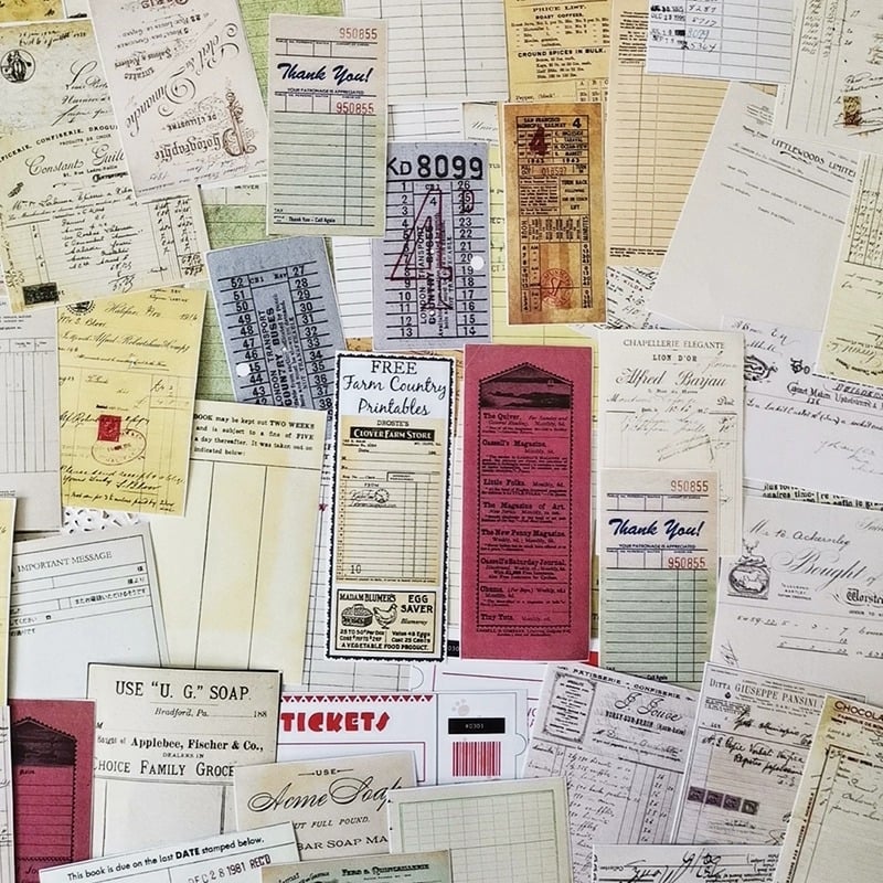 Set naljepnica za junk journal — retro stil, serija računa, 53 listova, samoljepljive, tiskano