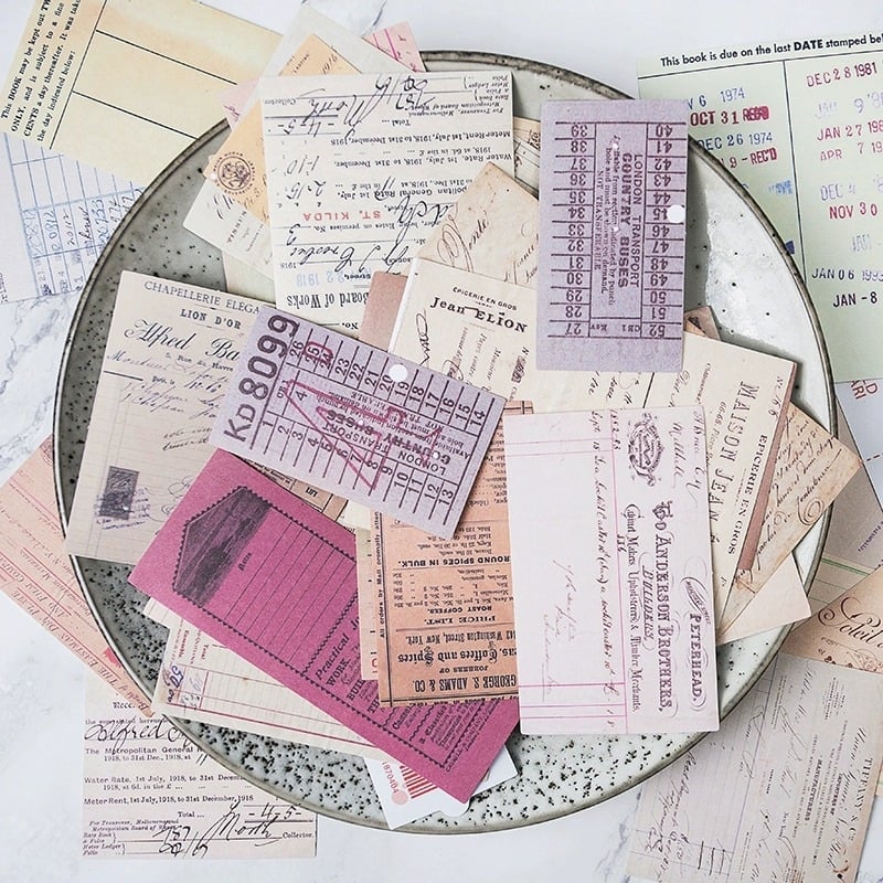Set naljepnica za junk journal — retro stil, serija računa, 53 listova, samoljepljive, tiskano