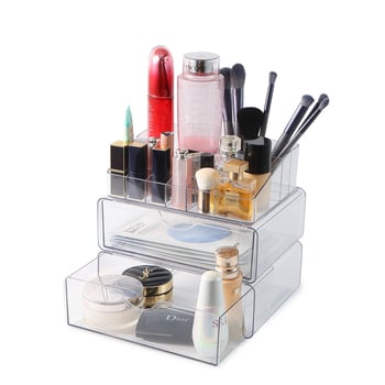 Asztali sminktároló doboz, akrilból, átlátszó, három darabos készlet rúzsokhoz, maszkokhoz és körömlakkokhoz, minimalist stílus, testre szabható