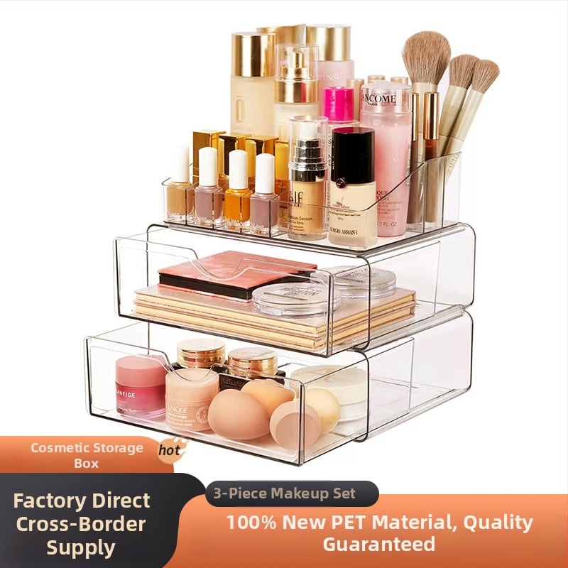 Asztali sminktároló doboz, akrilból, átlátszó, három darabos készlet rúzsokhoz, maszkokhoz és körömlakkokhoz, minimalist stílus, testre szabható