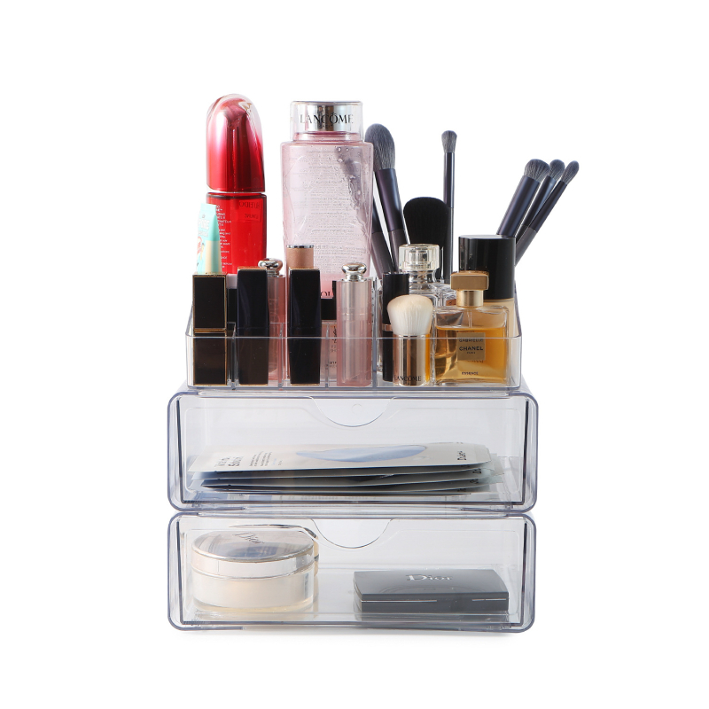 Asztali sminktároló doboz, akrilból, átlátszó, három darabos készlet rúzsokhoz, maszkokhoz és körömlakkokhoz, minimalist stílus, testre szabható