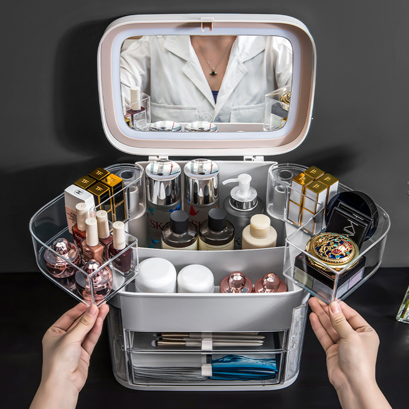 LED osvijetljena kozmetička kutija s poklopcem – višenamjenski organizator za make-up, njegu kože i nakit