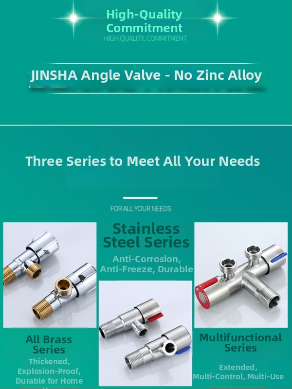 Troputna kutna ventila s bakrenim tijelom i dijelovima od 304 nerđajućeg čelika za toplu i hladnu vodu, jedan ulaz, dva izlaza