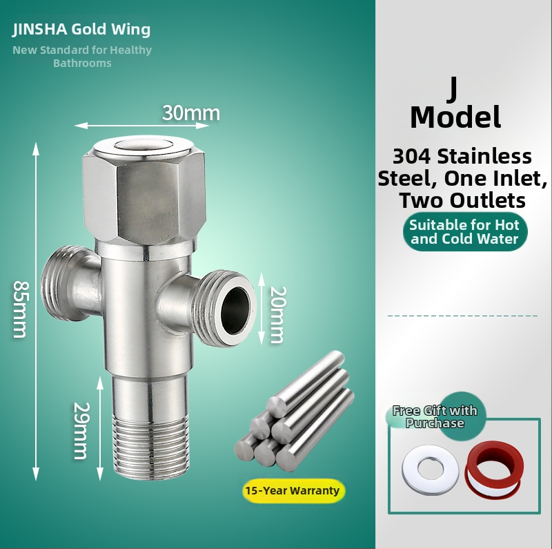Troputna kutna ventila s bakrenim tijelom i dijelovima od 304 nerđajućeg čelika za toplu i hladnu vodu, jedan ulaz, dva izlaza