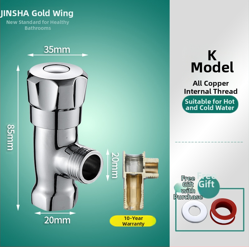 Troputna kutna ventila s bakrenim tijelom i dijelovima od 304 nerđajućeg čelika za toplu i hladnu vodu, jedan ulaz, dva izlaza