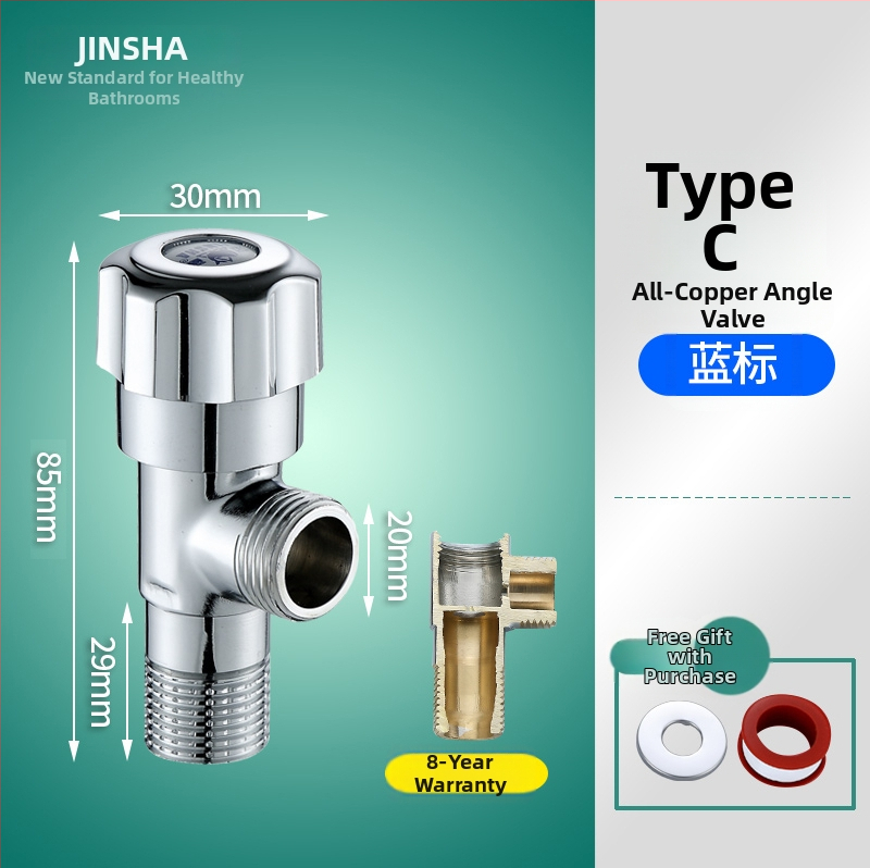 Troputna kutna ventila s bakrenim tijelom i dijelovima od 304 nerđajućeg čelika za toplu i hladnu vodu, jedan ulaz, dva izlaza