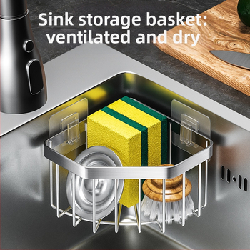 Nerezová oceľová skrinka na hubky pre rohovú drez, trojuholníkový odvodňovací stojan, bez vŕtania, brúsený povrch, nosnosť 10 kg