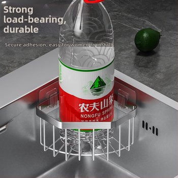 Nerezová oceľová skrinka na hubky pre rohovú drez, trojuholníkový odvodňovací stojan, bez vŕtania, brúsený povrch, nosnosť 10 kg