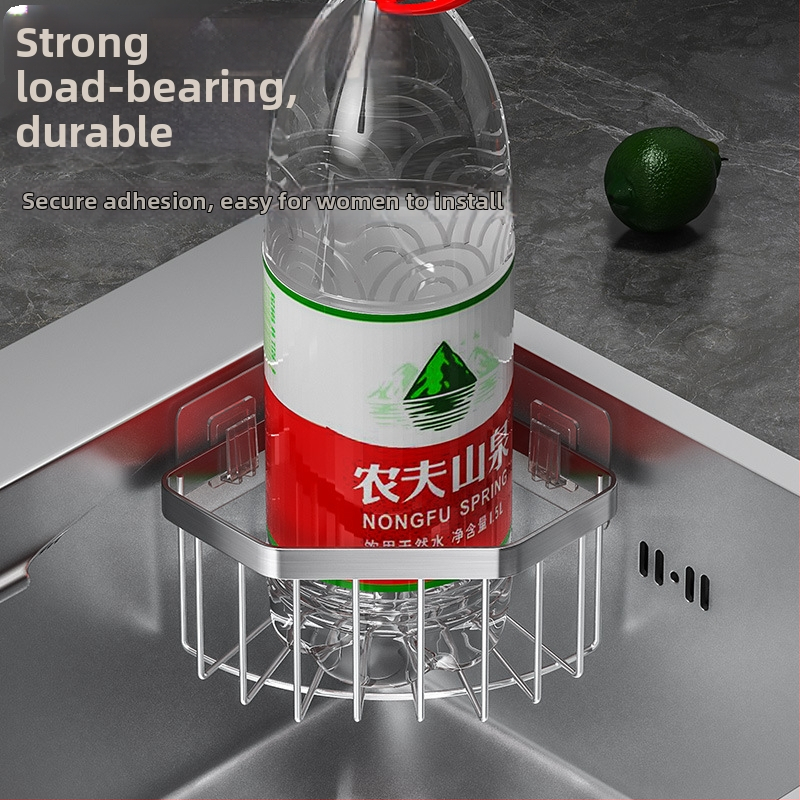 Nerezová oceľová skrinka na hubky pre rohovú drez, trojuholníkový odvodňovací stojan, bez vŕtania, brúsený povrch, nosnosť 10 kg