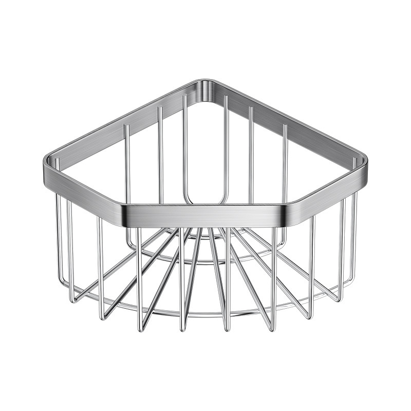 Ανοξείδωτο χάλυβα γωνιακό καλάθι αποθήκευσης σφουγγαριών, τρίγωνος δίσκος αποστράγγισης, εγκατάσταση χωρίς οπές, βουρτσισμένο φινίρισμα, χωρητικότητα 10 kg