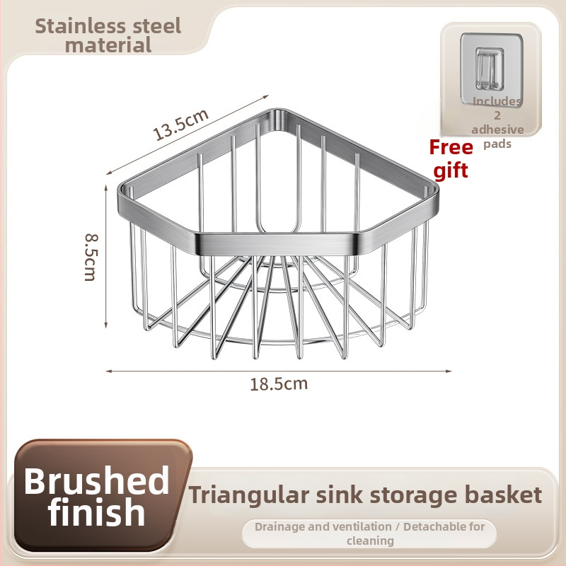 Nerezová oceľová skrinka na hubky pre rohovú drez, trojuholníkový odvodňovací stojan, bez vŕtania, brúsený povrch, nosnosť 10 kg