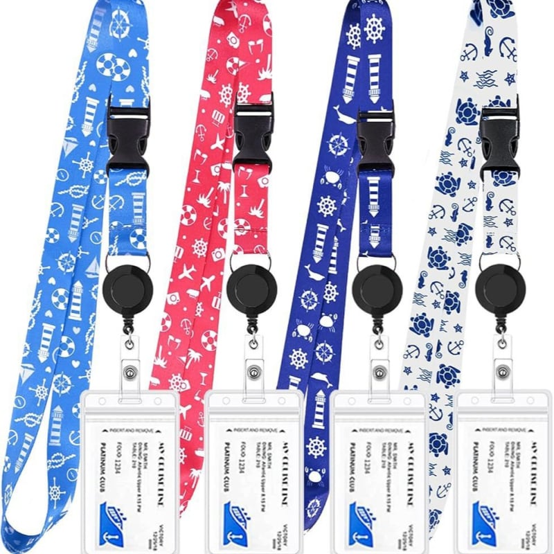 Lanard za karticu s Nautical World otiskom, poliester, minimalistički stil, mehanizam za izvlačenje i PVC držač ID kartice