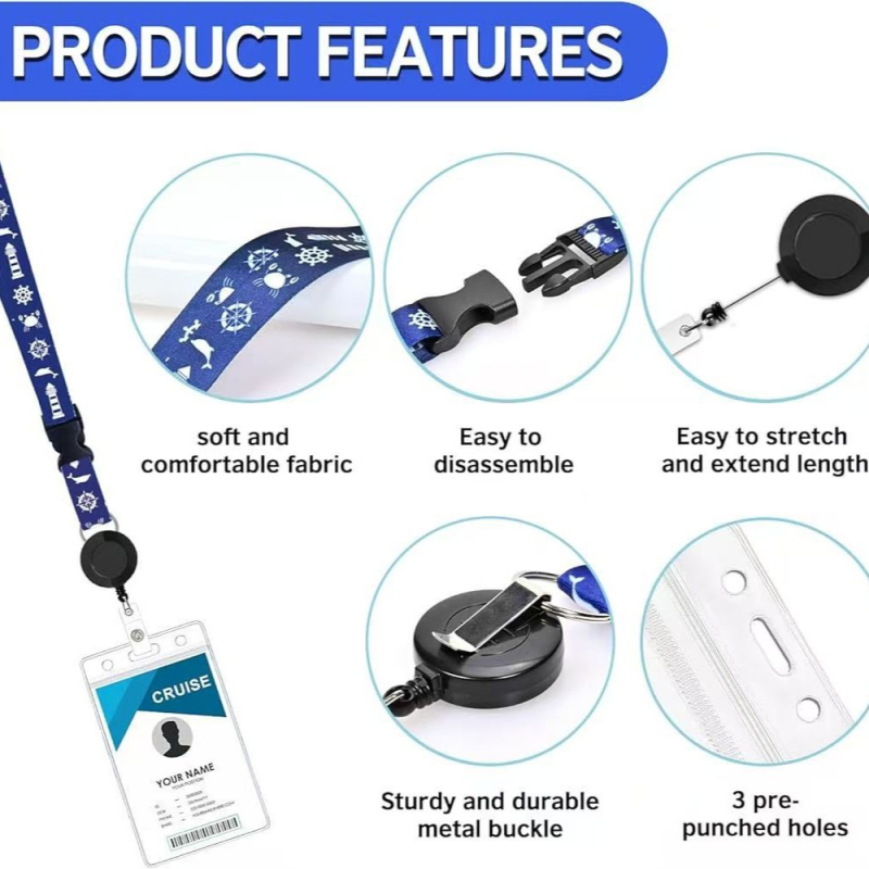 Lanard za karticu s Nautical World otiskom, poliester, minimalistički stil, mehanizam za izvlačenje i PVC držač ID kartice