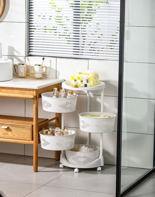 Raft de bucătărie rotativ la 360° pe podea — organizator din plastic cu mai multe niveluri pentru fructe și legume