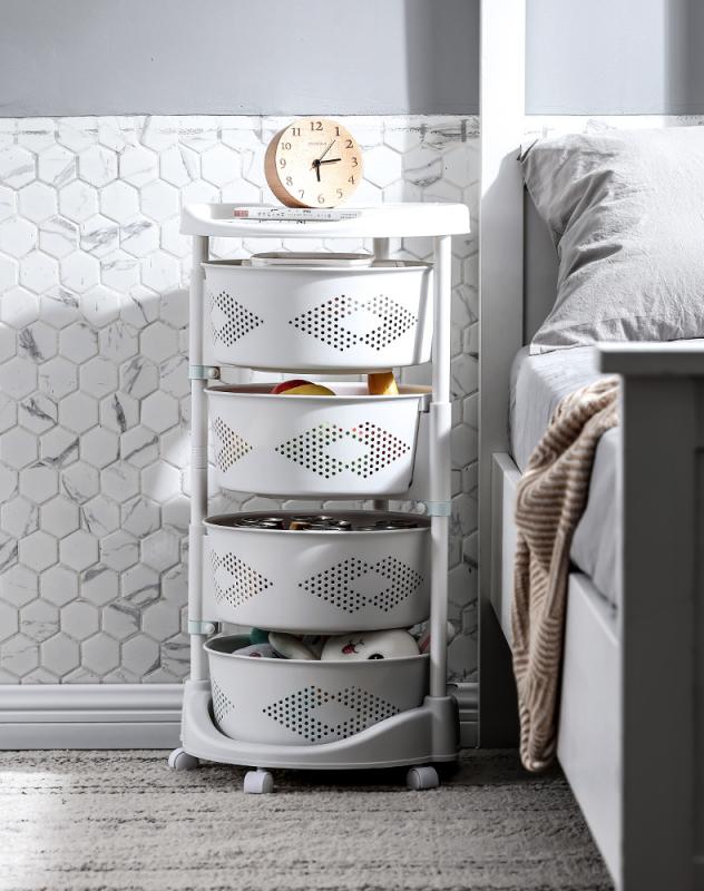 Raft de bucătărie rotativ la 360° pe podea — organizator din plastic cu mai multe niveluri pentru fructe și legume