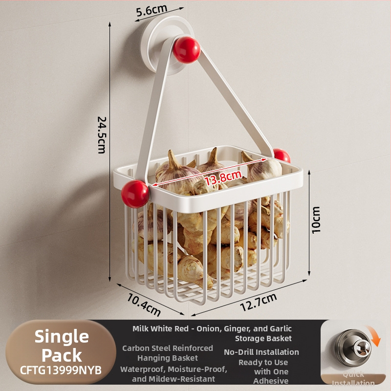 Nástenný kuchynský organizér na cibuľu, zázvor a cesnak — uhlíková oceľ, nosnosť približne 5 kg, povrchová úprava sprejom plastu, model Cftg13999nyb
