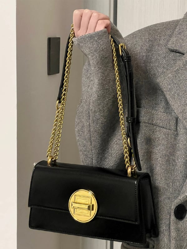 Unisex torbica za pazuh s lancem i kopčom, PU materijal, crossbody dizajn, zima 2024, podstava od dvostruke kože