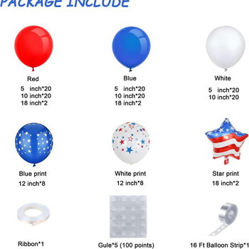 Set balonske girlande za Dan neovisnosti, 145 latex balona, okruglog oblika, s tiskanim logom, ukupna težina 220 g