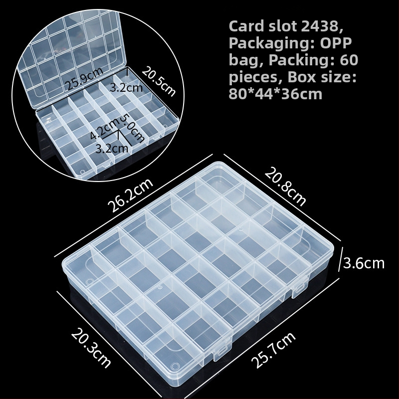 Úložná krabička s 24 priehradkami, prachotesná z PP plastu, s viečkom, určená na usporiadanie hardvéru, náradia, rybárskeho príslušenstva a elektronických komponentov