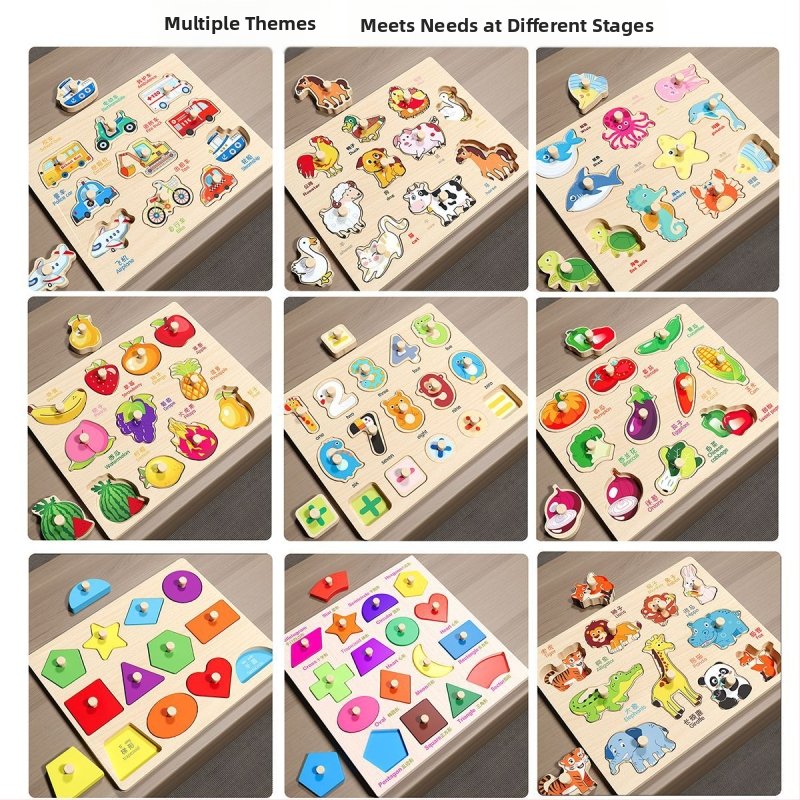 Panou-puzzle din lemn, tridimensional, pentru copii, cu forme de animale și fructe, stil Montessori pentru învățare timpurie (Vârsta 4–6 ani; Origine Zhejiang; Categoria: ilustrații și panouri)