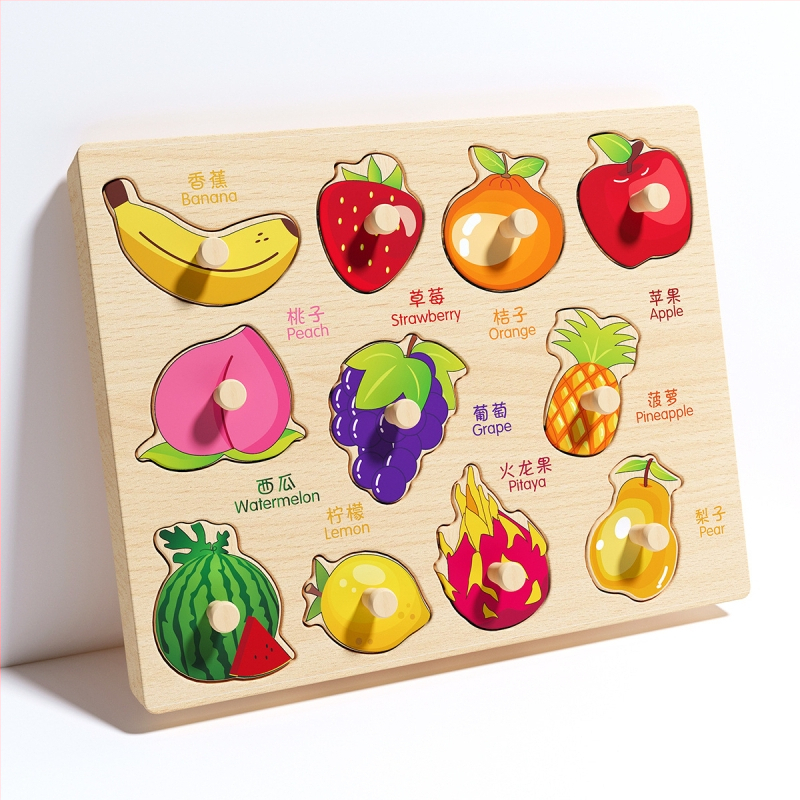 Panou-puzzle din lemn, tridimensional, pentru copii, cu forme de animale și fructe, stil Montessori pentru învățare timpurie (Vârsta 4–6 ani; Origine Zhejiang; Categoria: ilustrații și panouri)