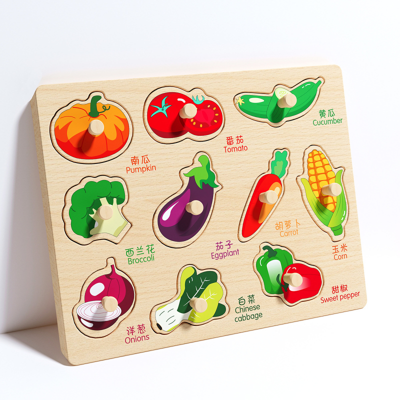 Panou-puzzle din lemn, tridimensional, pentru copii, cu forme de animale și fructe, stil Montessori pentru învățare timpurie (Vârsta 4–6 ani; Origine Zhejiang; Categoria: ilustrații și panouri)