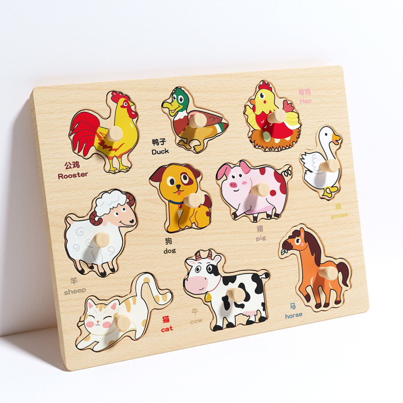 Panou-puzzle din lemn, tridimensional, pentru copii, cu forme de animale și fructe, stil Montessori pentru învățare timpurie (Vârsta 4–6 ani; Origine Zhejiang; Categoria: ilustrații și panouri)