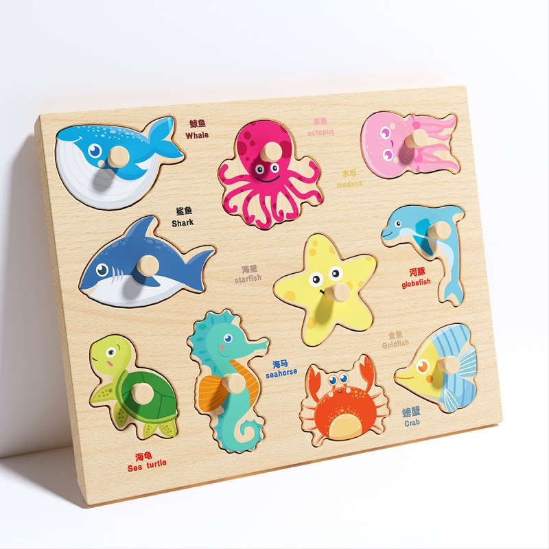 Panou-puzzle din lemn, tridimensional, pentru copii, cu forme de animale și fructe, stil Montessori pentru învățare timpurie (Vârsta 4–6 ani; Origine Zhejiang; Categoria: ilustrații și panouri)