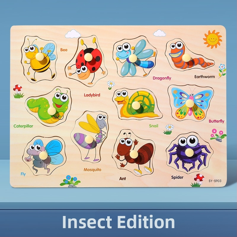 Panou-puzzle din lemn, tridimensional, pentru copii, cu forme de animale și fructe, stil Montessori pentru învățare timpurie (Vârsta 4–6 ani; Origine Zhejiang; Categoria: ilustrații și panouri)