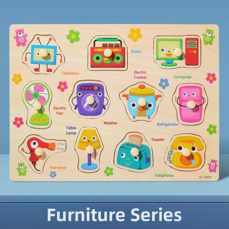 Panou-puzzle din lemn, tridimensional, pentru copii, cu forme de animale și fructe, stil Montessori pentru învățare timpurie (Vârsta 4–6 ani; Origine Zhejiang; Categoria: ilustrații și panouri)