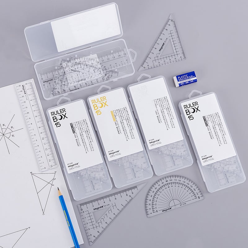 Σετ τεσσάρων εργαλείων σχεδίασης: τρίγωνος χάρακας και γωνιόμετρο, πλαστικό