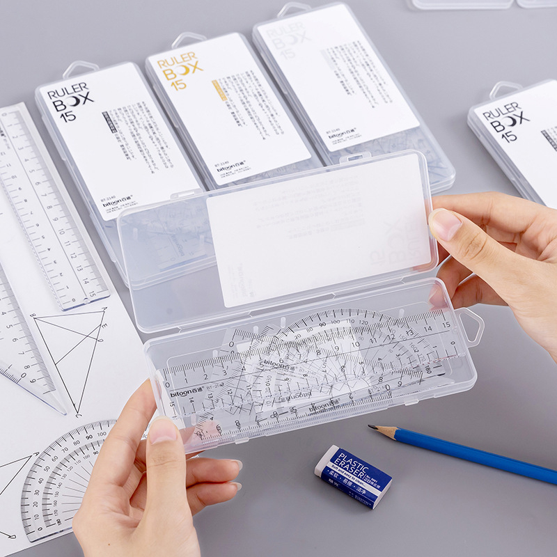 Σετ τεσσάρων εργαλείων σχεδίασης: τρίγωνος χάρακας και γωνιόμετρο, πλαστικό